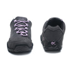 Front and back view on KURU Footwear CHICANE Women's Trail Hiking Shoe in SmokeGray-JetBlack-Violet