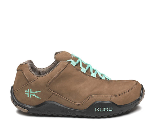 Outside profile details on the KURU Footwear CHICANE Women's Trail Hiking Shoe in Warmstone-JetBlack-MintGreen