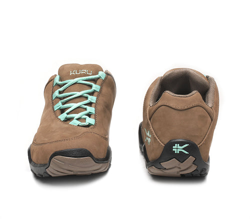 Front and back view on KURU Footwear CHICANE Women's Trail Hiking Shoe in Warmstone-JetBlack-MintGreen