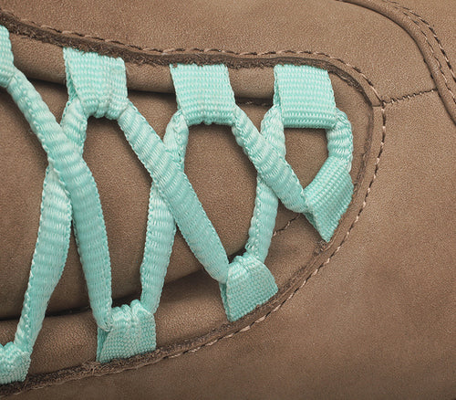 Close-up of the material on the KURU Footwear CHICANE Women's Trail Hiking Shoe in Warmstone-JetBlack-MintGreen