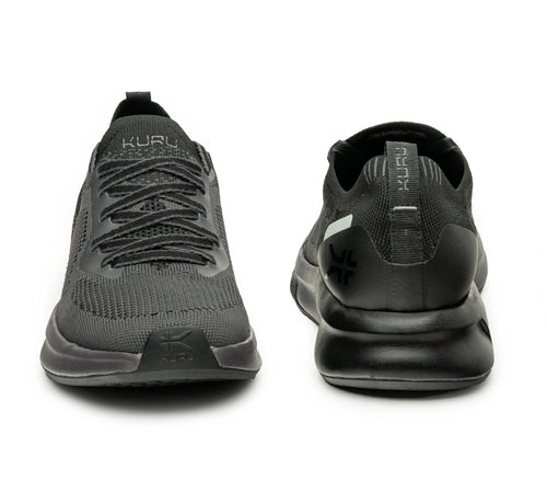 Front and back view on KURU Footwear FLUX Women's Sneaker in JetBlack-SmokeGray