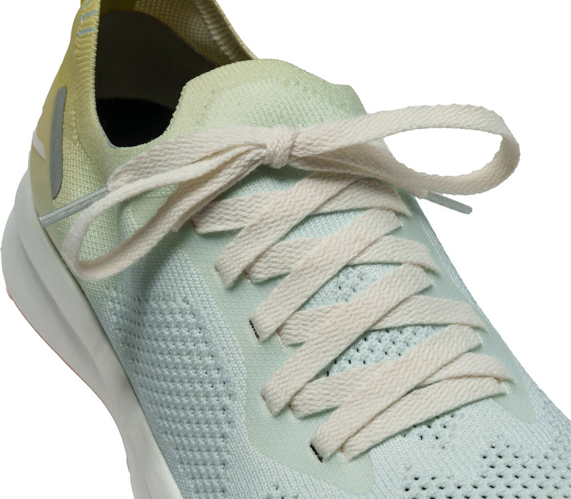 Close-up of the laces on the KURU Footwear FLUX Women's Sneaker in LimeSorbet-MistBlue