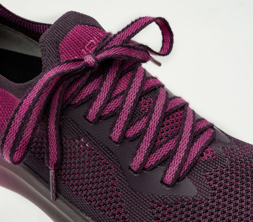 Close-up of the laces on the KURU Footwear FLUX Women's Sneaker in PlumPurple-BerryPink