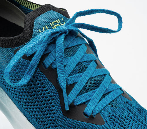 Close-up of the laces on the KURU Footwear FLUX Men's Sneaker in TwilightBlue-KuruGreen