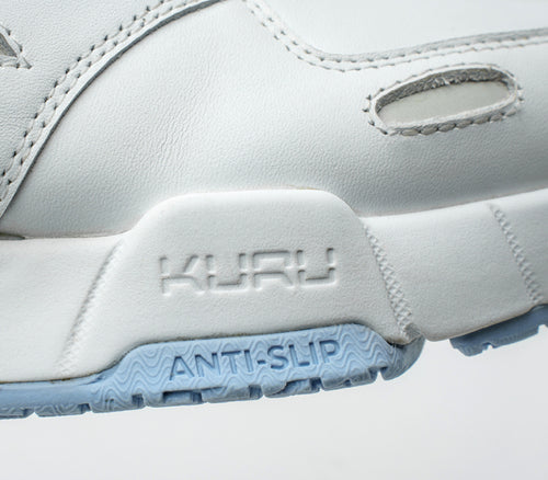 Close-up of the side of the KURU Footwear KINETIC 2 Women's Anti-Slip Sneaker in BrightWhite-BlueFog