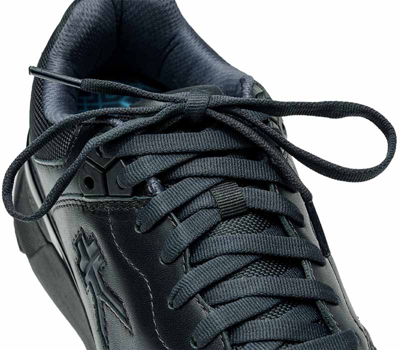 Close-up of the laces on the KURU Footwear KINETIC 2 WIDE Women's Anti-Slip Sneaker in SmokestackBlack