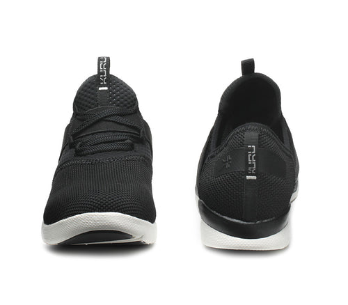 Front and back view on KURU Footwear PIVOT Women's Lace-up Elastic Sneaker in JetBlack-White