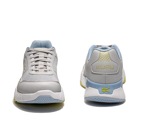 Front and back view on KURU Footwear QUANTUM 2.0 Women's Fitness Sneaker in Dove Gray/Pale Lime