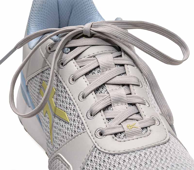 Close-up of the laces on the KURU Footwear QUANTUM 2.0 Women's Fitness Sneaker in Dove Gray/Pale Lime