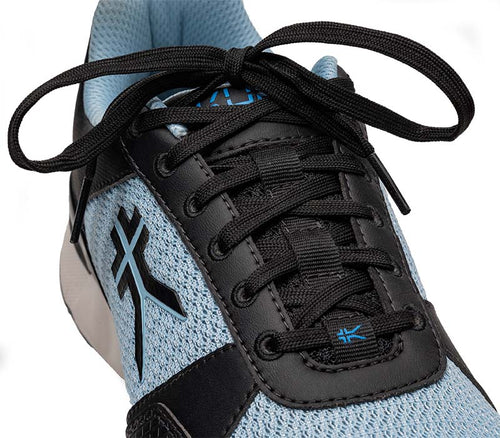 Close-up of the laces on the KURU Footwear QUANTUM 2.0 Women's Fitness Sneaker in Jet Black/Misty Blue
