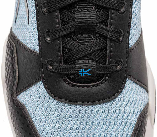 Close-up of the material on the KURU Footwear QUANTUM 2.0 Women's Fitness Sneaker in Jet Black/Misty Blue