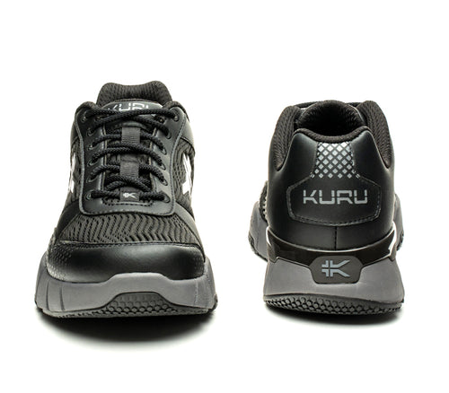 Front and back view on KURU Footwear QUANTUM WIDE Men's Fitness Sneaker in JetBlack-SlateGray