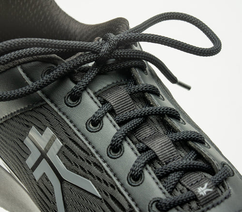Close-up of the laces on the KURU Footwear QUANTUM Men's Fitness Sneaker in JetBlack-SlateGray