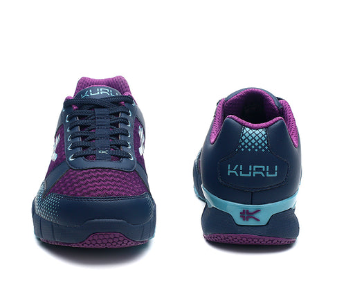 Front and back view on KURU Footwear QUANTUM Women's Fitness Sneaker in ElectricGrape-MidnightBlue-SmokeBlue