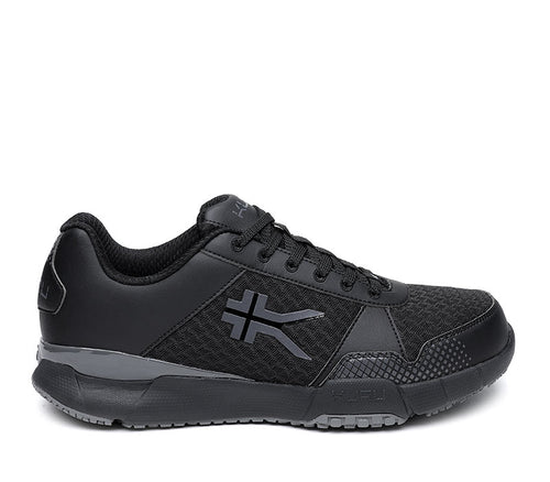Outside profile details on the KURU Footwear QUANTUM WIDE Men's Fitness Sneaker in JetBlack-Charcoal