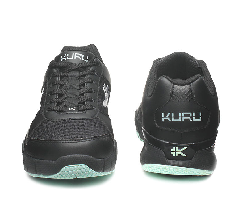 Front and back view on KURU Footwear QUANTUM Women's Fitness Sneaker in JetBlack-DustyAqua