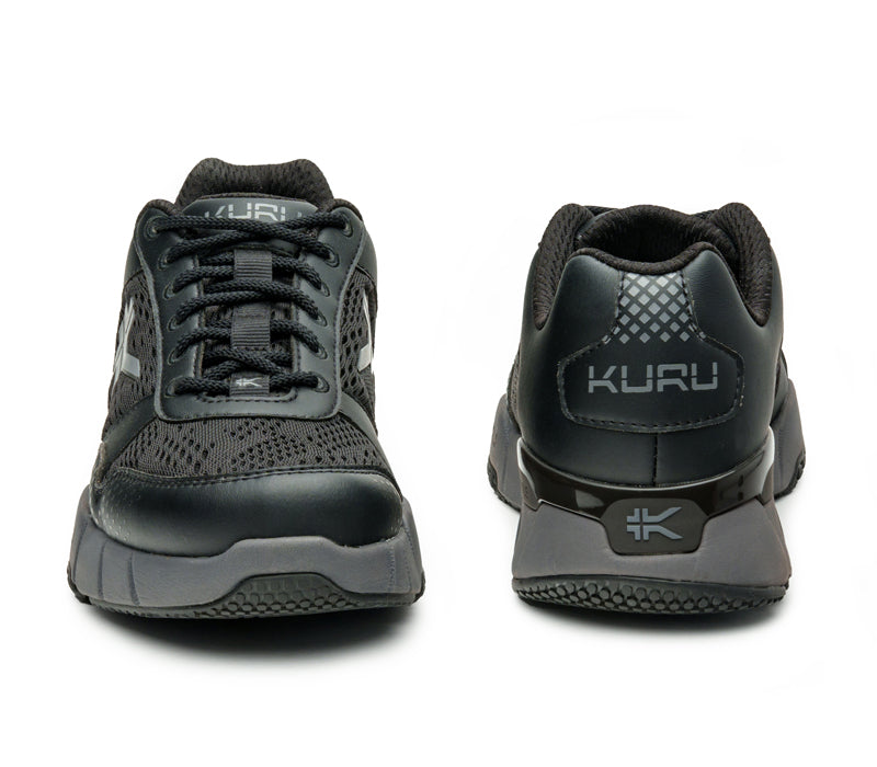 Front and back view on KURU Footwear QUANTUM Women's Fitness Sneaker in JetBlack-SlateGray