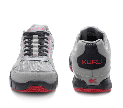 Front and back view on KURU Footwear QUANTUM Men's Fitness Sneaker in Tungsten-CardinalBlack
