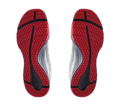 Detail of the sole pattern on the KURU Footwear QUANTUM Men's Fitness Sneaker in Tungsten-CardinalBlack