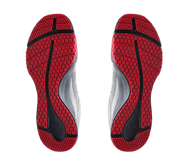 Detail of the sole pattern on the KURU Footwear QUANTUM WIDE Men's Fitness Sneaker in Tungsten-CardinalBlack