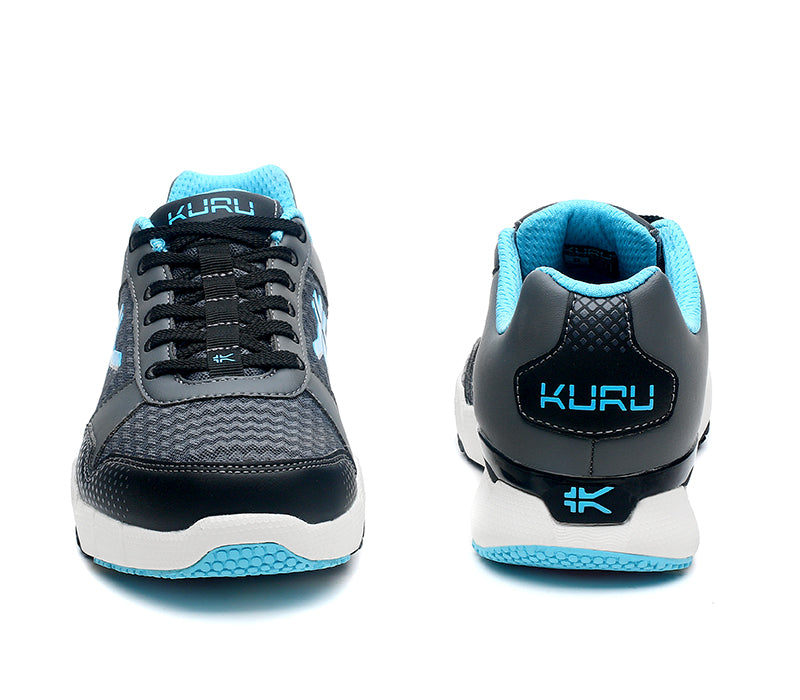 Front and back view on KURU Footwear QUANTUM Women's Fitness Sneaker in UrbanConcrete-White-TopazBlue