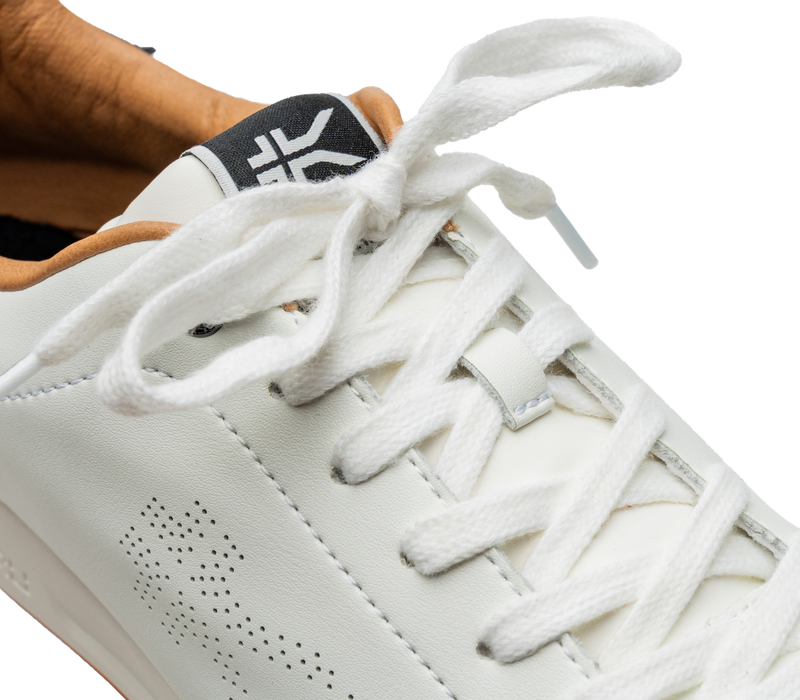 Close-up of the laces on the KURU Footwear ROAM Men's Classic Court Sneaker in New-BrightWhite-JetBlack