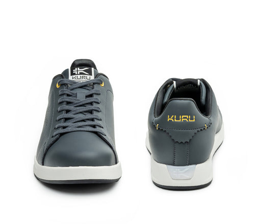 Front and back view on KURU Footwear ROAM Men's Classic Court Sneaker in EmpireSteel-GoldenYellow