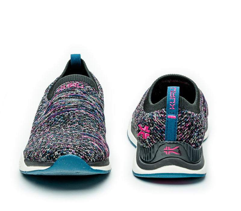 Front and back view on KURU Footwear STRIDE Women's Slip-on Sneaker in Black-Confetti