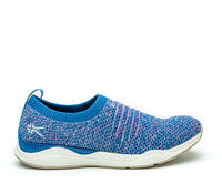 Outside profile details on the KURU Footwear STRIDE WIDE Women's Slip-on Sneaker in CobaltBlue-Confetti