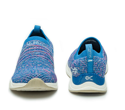 Front and back view on KURU Footwear STRIDE WIDE Women's Slip-on Sneaker in CobaltBlue-Confetti