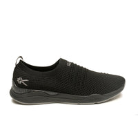 Outside profile details on the KURU Footwear STRIDE WIDE Women's Slip-on Sneaker in JetBlack-SlateGray