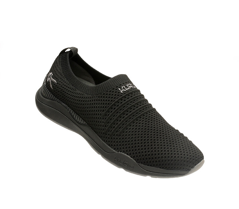 Toe touch view on KURU Footwear STRIDE WIDE Women's Slip-on Sneaker in JetBlack-SlateGray