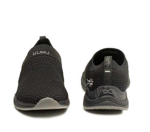 Front and back view on KURU Footwear STRIDE Women's Slip-on Sneaker in JetBlack-SlateGray