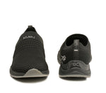 Front and back view on KURU Footwear STRIDE WIDE Women's Slip-on Sneaker in JetBlack-SlateGray