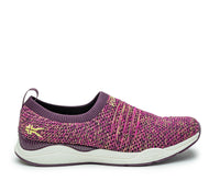 Outside profile details on the KURU Footwear STRIDE Women's Slip-on Sneaker in PlumPurple-Confetti
