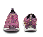 Front and back view on KURU Footwear STRIDE Women's Slip-on Sneaker in PlumPurple-Confetti