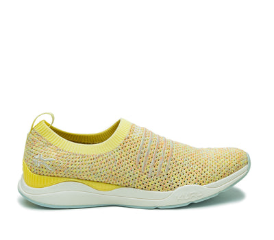 Outside profile details on the KURU Footwear STRIDE Women's Slip-on Sneaker in YellowBurst-Confetti