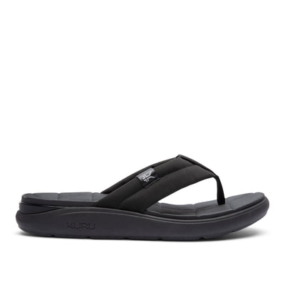 Black sandal with 'Kuru' branding on a white background