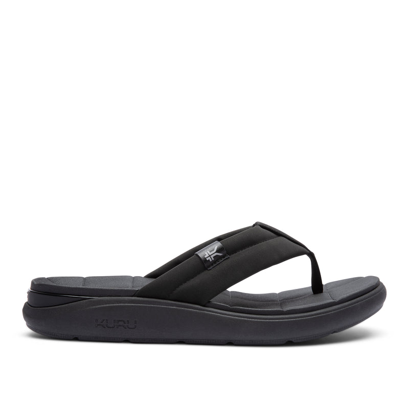 Black sandal with 'Kuru' branding on a white background