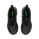 Black shoes with green text on a white background