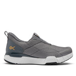 Gray athletic shoe with white sole on a white background