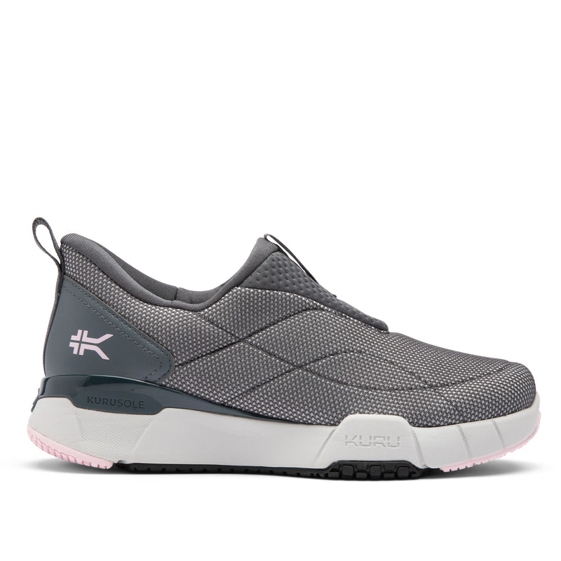 Gray athletic shoe with white sole on a white background