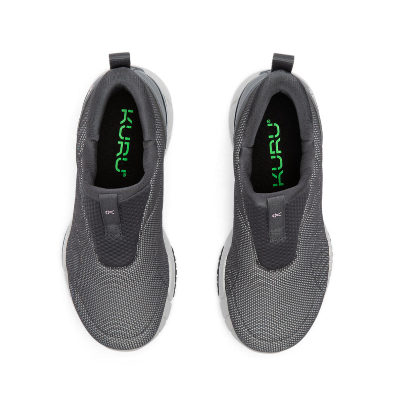 Gray slip-on shoes with 'Kuru' branding on a white background
