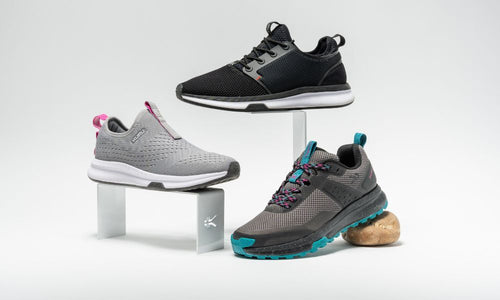 KURU Footwear Women's ATOM Collection shoe's staggered by ATOM in JetBlack-White-FireRed, ATOM SLIP-On in  StoneGray-BerryPink, and ATOM Trail in JetBlack-DarkTeal.