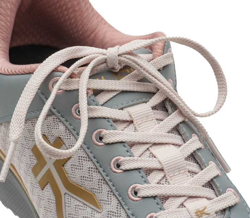 Close-up of the laces on the KURU Footwear QUANTUM WIDE Women's Fitness Sneaker in LilacAsh-Alloy-Champagne