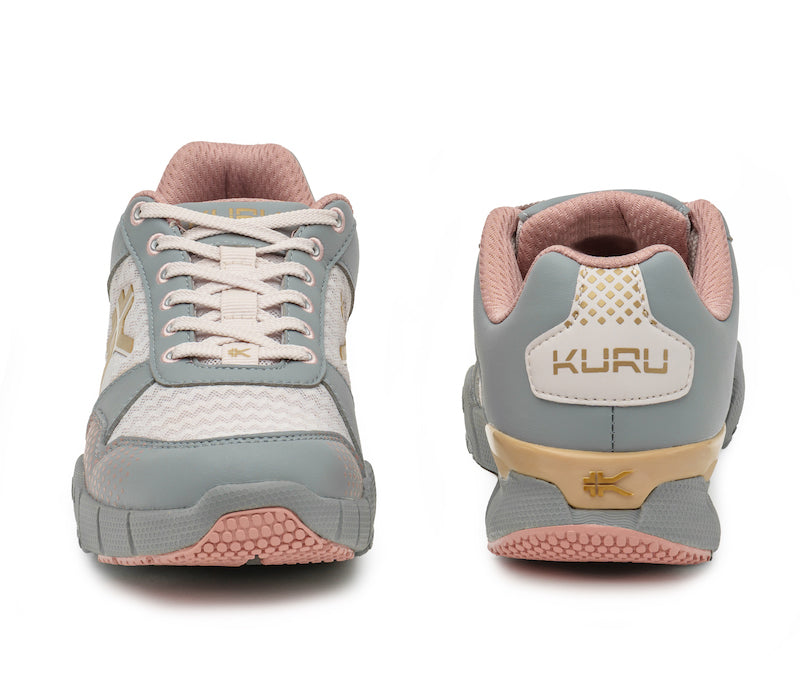 Front and back view on KURU Footwear QUANTUM WIDE Women's Fitness Sneaker in LilacAsh-Alloy-Champagne