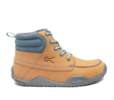 Outside profile details on the KURU Footwear QUEST Women's Hiking Boot in GoldenWheat-SlateGray-BlueHaze