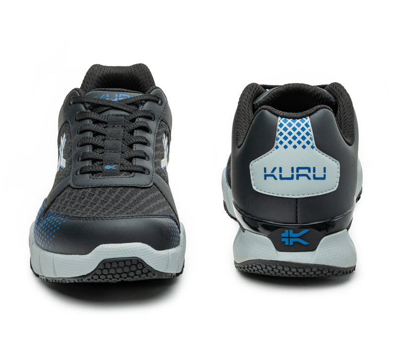 Front and back view on KURU Footwear QUANTUM Men's Fitness Sneaker in JetBlack-FogGray-ClassicBlue