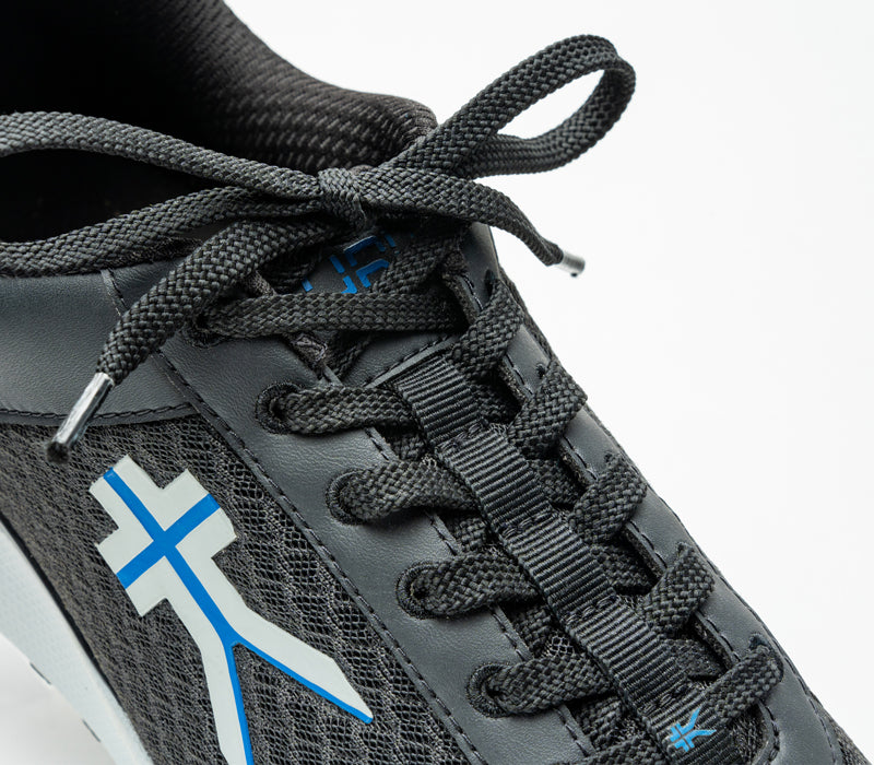Close-up of the laces on the KURU Footwear QUANTUM Men's Fitness Sneaker in JetBlack-FogGray-ClassicBlue