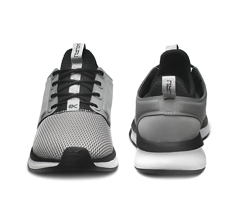 Front and back view on KURU Footwear ATOM Men's Athletic Sneaker in CloudGray-White-JetBlack